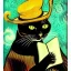 Placeholder: oil portrait of a cat with hat reading a book and smoking with wooden pipe by Van Gogh 8k