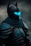 Placeholder: a dark knight with turquoise blue steam coming out of his eyes, corinthian helmet, dark armor, standing darkly on a medieval battlefield. intimidating