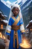 Placeholder: niña de 6 años, piel negra, ojos azules, largo y lacio cabello blanco como la nieve, vestida con antigua y ancestral vestimenta de hechicero de dos piezas color azul, desbordando una mítica aura dorada, en una aldea primitiva en las montañas