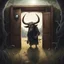 Placeholder: High concept art, horror movie aesthetic in the spirit of "Pan's Labrynth", (no text), fine digital illustration, in an empty field of knee-high grass is a wooden doorway revealing a portal of brilliant light, guarding doorway is a fearsome minitour holding an axe who has a television set on his head broadcasting a picture of a bull head, sinister, concept art, oddball masterpiece, sfumato, complex contrast, dynamic composition