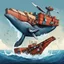 Placeholder: A whale carrying shipping containers on its back, and an engine with a propeller carrying the whale through the water. Digital Art, Digital Drawing