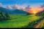 Placeholder: It is a scenic landscape with a lush green meadow, rolling hills, and a vibrant sunset sky with colorful clouds. The background features a range of mountains silhouetted against the warm orange and pink hues of the setting sun. like Studio Ghibli and oil painting