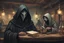 Placeholder: cloaked hooded dealer, party animal, wild eyes, holding an envelope in a tavern talking to a hooded figure, surreal fantasy, dark