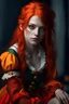 Placeholder: Human, 19yo girl, redhair, medieval, fantasy, jestet suit, green eyes, crazy smile, scar right eye
