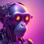 Placeholder: A beautiful portrait of a cyborg monkey purple neon color scheme, high key lighting, volumetric light high details psychedelic background