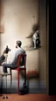 Placeholder: Bosch paint style nightmare, a rear view of a man sitting on a chair facing a wall , a dog is sleeping beside him
