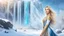 Placeholder: Photo realistic portrait of a gorgeous smiling skinny euro-asian goddess with a golden dark shining skin, long smooth blonde hair, blue eyes, in a sci-fi outfit with luminous strikes blowing a kiss in a snowy hill, a frozen waterfall, a crystal palace, hills in a wide persperctive, particles in the air in winter. Intricated details,