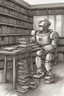 Placeholder: A huge library is serviced by computers, and there are many books on the shelves. The robot is sitting on a chair at the table and holding an antique book in his hands. Expression. High-quality drawing, 8K