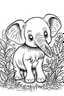 Placeholder: cute coloring page, sketch style, cute baby elephan in the jungle, cute cartoon, white and black, withe background, no shadows, outline.