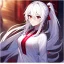 Placeholder: Clear focus, 8k, beautiful lighting, vibrant colors, girl, white hair, long hair, vibrant red eyes, ponytail, messy hair, hair in between the eyes, white and red outfit,