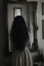 Placeholder: Close up of a beautiful woman with long curly black hair standing in front of a mirror, she doesn't see, but her reflection in the mirror is a dark demon with intense scary eyes looking back at her. Super realistic, 8k high quality