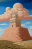 Placeholder: A pale rosy beige fortress high in the sky designed in Navajo woven art painted by Rene Magritte