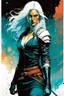 Placeholder: create an imaginative full body print illustration of an ethereal, otherworldly female Witcher , in the comic book art style of Bill Sienkiewicz, Mike Mignola, and Jean Giraud Moebius, with highly detailed feminine facial features , finely drawn and inked,