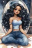 Placeholder: Create a futurism magna watercolor pain art of a black chibi curvy female sitting on the floor looking at herself in a hand mirror. She is wearing tight blue jeans and a black off the shoulder blouse. Prominent make up with lush lashes. Highly detailed long wavy hair. She is also wearing silver large hoop earringsart of a black chibi curvy female sitting on the floor looking at her cell phone. She is wearing tight blue jeans and a black off the shoulder blouse. Prominent make up with lush lashes