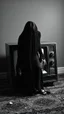 Placeholder: Black and white classic movie the well . A scary women wearing all black and long hair covering her face stepping out of an old tv devise both her hands on the ground out side the tv and her half of her buddy is inside the tv , scary scene