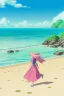 Placeholder: Beach scene a beautiful girl with pink hair, rock, calm water, fish, beautiful colors, fine detail, high quality, seashell, octopus, mystical