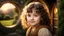 Placeholder: Little very young hobbit girl, beautiful, confident, calm, wise, happy, innocent, facing camera, head and shoulders, curly hair, hobbit clothing, perfect eyes, LOTR village, hobbit homes with circular windows and circular doors, night scene, stars, fireflies, 16k artistic photography, exquisite composition, photorealistic concept art, soft natural volumetric light, chiaroscuro, award-winning photograph, masterpiece, style William-Adolphe Bouguereau