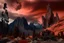 Placeholder: mountains, a gloomy rocky landscape, cypresses stretching up in the foreground, rocks and a bloody sky in the background