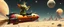 Placeholder: hairy macho gremlin aliens living in a hi tech marvellous hot dog rocket with a mounted gattling gun, heading for venus