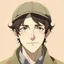 Placeholder: Young adult male, black hair with middle part under a newsboy cap, mischievous hazelnut brown eyes, tall and lanky, freckles here and there, front facing, looking into the camera, 1920s styled outfit, anime style