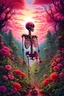 Placeholder: A skeleton who's bones are overgrown with vines and flowers walking around in a beautiful lush forest, pink puffy clouds in the distance, a vibrant vermilion sun is shining, detailed flora, peaceful mood, 4k resolution, hyper detailed, abstract psychedelic art