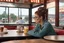 Placeholder: a journalist with a bun and glasses, she sits in the table of a diner. The is a small American town, she looks at the Main Street by the windows