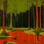 Placeholder: An olive green swamp with fiery orange frogs painted by Clyfford Still