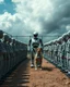 Placeholder: prisoners lined up in circle , one after another , in the middle a an Ai robot as guard with a dog , great quality picture with cinematic scenes , heavy clouds in the background