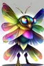 Placeholder: It has a square-shaped body and a cone-shaped head resembling the top of a tower. It is characterized by multiple eyes, like the eyes of a fly, that sparkle with rainbow colors when exposed to light. He has transparent wings, sparkling with radiant, overlapping colors, dancing and moving with every movement he makes