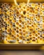 Placeholder: irtual photo wallpaper with honeycombs, a beautiful yellow background, false windows and bright pseudo-lights and spots on the walls, display shelves for products