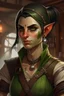 Placeholder: Dungeons and dragons half orc tomboy. She has green skin and pointy ears. She is kind. She is handsome. She has nice eyes. She has short black hair. She is strong. She is in a tavern. She has broad shoulders. Realistic style