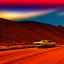 Placeholder: muscle car, desert road, sunset, full colour