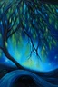 Placeholder: Acrylic painting of a willow in the middle, soft glowing leaves, cosmic background with a myriad of stars, negative space