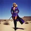 Placeholder: [art by Helmut newton] low angle view in the desert of the lostlands a blonde lawyer posing confidently in a revealing velvet purple outfit, she holds a revolver