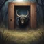 Placeholder: High concept art, horror movie aesthetic in the spirit of "Pan's Labrynth", (no text), fine digital illustration, in an empty field of knee-high grass is a wooden doorway revealing a portal of brilliant light, guarding doorway is a fearsome minitour holding an axe who has a television set on his head broadcasting a picture of a bull head, sinister, concept art, oddball masterpiece, sfumato, complex contrast, by Stephen Gammell