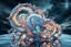 Placeholder: Dynamic complex hypnotic fractal 3D structures horizontal Symmetry twisting and morphing between organic and geometric forms , smooth translucent iridescent glass with inner glow and bubbles, varied transparent materials, stormy skies, intense dramatic