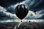 Placeholder: one bursts big black party balloon on sky, high realistic, storm, gloomy, surreal, little city, ruins, professional photo, cinematic, utopistic