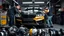 Placeholder: A car repair shop where two people are repairing a black and yellow BMW M6 series with an eye-catching theme in a sophisticated and special repair shop where at the bottom of the image a collection of car engine parts is arranged on the floor