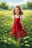 Placeholder: Adorable digital painting of a beautiful little girl in a gorgeous red dress smiling in a field surrounded by clover, high quality