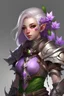 Placeholder: character art of female elf with purple and pink flowers in hair wearing scalemail silver armor