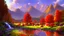 Placeholder: Serene landscape by day with sunlight beams with river running trough mountains, a forest with a lot of vibrant colors, in the style of bob ross, thomas kadinskade and albert bierstadt. Peacefull and calming, intricate details, vibrant.