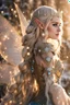 Placeholder: Elven princess,elven crown,long white blonde golden hair,rapunzel hair,ice flowers,beautiful,light blue,dark blue,golden armor,sparkle,glitter,ice flowers,snow,elven ears,dark fairy princess