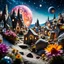 Placeholder: Close-up photograph of a village, naïve, people, flowers, houses, rock formations, stars and planets, animals, crystals, mineral concretions, extreme detail, intricate, volumetric light, colours, Tim Burton, Max Ernst, Yves Tanguy, sparkles, bokeh