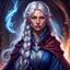 Placeholder: dungeons & dragons; portrait; female; sorcerer; dragonic bloodline; silver hair; braids; blue eyes eyes; cloak; flowing robes; proud, confident