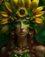 Placeholder: Beautiful woman portrait venetian sunflower masqued rococo woman portrait , adorned with sunflower and sunflower seeds headdress and green floral and white flower Forest flowers and botanical metallic golden filigree gothica palimpsest rainy headdress wearing sunflower ans sunflower seed ribbed with botanical floral embossed art nouveau palimsest white and berry red and green style costume armour and sunflower and sunflower seed yellow mineral stones quartz pearl art and grey and black quartz