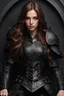 Placeholder: young woman with long brown hair, arrogant red eyes, wearing black leather fantasy armor, detailed, 4k resolution, hd