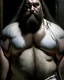 Placeholder: full figure shot photography of a burly chubby turkish prisoner , 55 years old shirtless in white dirty pants, long beard, long hair , in a dark prison, dirty, ugly, bullneck, muscular, manly chest, shirtless, bulge, misery and poverty, emotive eyes, photorealistic, ultradetailed, 32k, side view from below, dim light