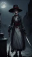 Placeholder: Bloodborne style girl with bloody eyes holding a katana and the atmosphere is dark and the time is 1800s london themed