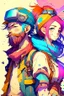 Placeholder: anime couple, adventurers, colorful, man with beard