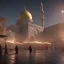 Placeholder: middle east city with mosque and people walking through the market , night , cloud in the sky , full moon , bird in the sky,fire place in the bazaar , high resolution, super realistic, unreal engine, cinematic lighting,